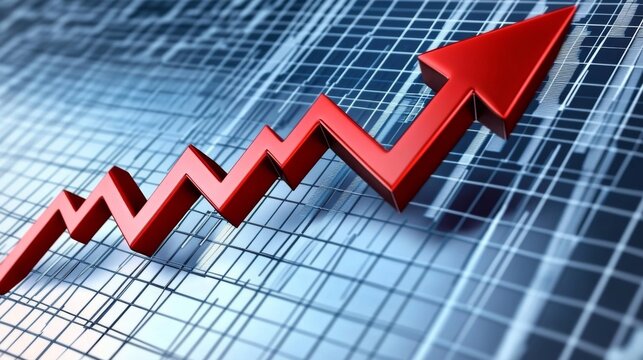 Red arrow pointing upwards blue background line graph A plummeting