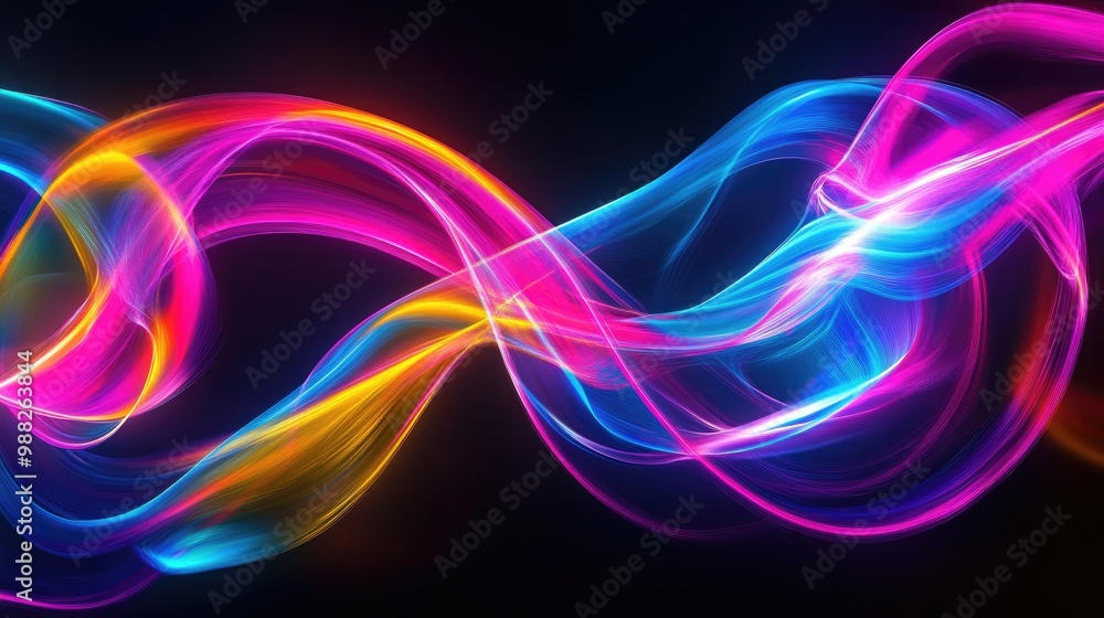 Poster vibrant neon hues twist and flow in the shadows creating the impression of a lively movement