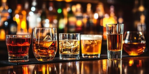 Row different types alcohol glasses bar counter There Bartender offering a variety