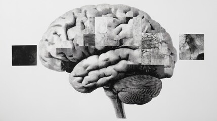 Abstract brain background. Photocopy stippled style with collage elements of brain
