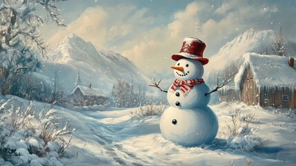 Obraz premium Charming Snowman in a Wintery Landscape