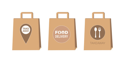 Set of three paper bags with inscriptions and signs. Delivery service. Take away paper food bag. Colorful icons, logo or sign for web, print