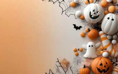 A playful wallpaper and background Creative Halloween Flat Lay with Pumpkins, Ghosts, Bats, Spider Webs, and Candy on a Gradient Background