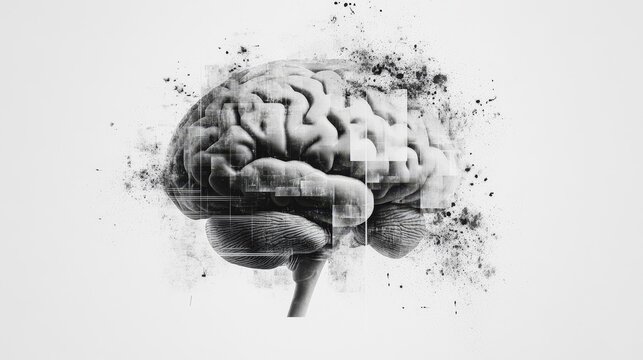 Abstract brain background. Photocopy stippled style with collage elements of brain