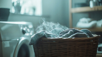 a modern laundry room, focusing on a basket overflowing with unwashed, musty-smelling sportswear