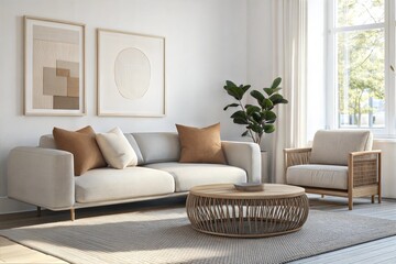 photo Minimalist modern living room interior background, Scandinavian style, 3D render  