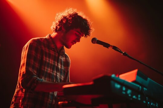 Young man playing keyboard stage He is wearing A musician performing