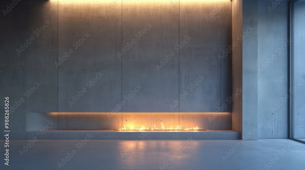Poster a minimalist fireplace design embedded in a smooth concrete wall, with clean lines and soft lighting