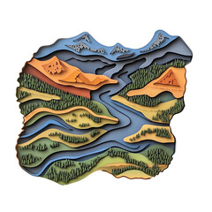 Colorful paper-cut landscape with river.