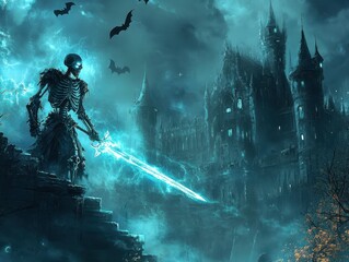 Fototapeta premium A skeletal warrior with a glowing sword stands before a dark castle.