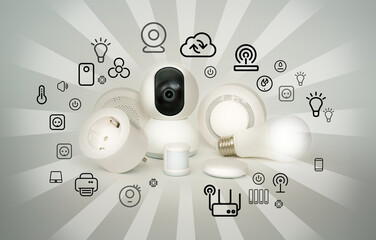 Fototapeta premium Smart home devices equipment. Remote control security system. Home automation icons. White background.