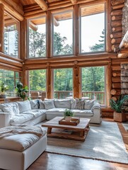 A large living room with a white couch, a coffee table, and a potted plant