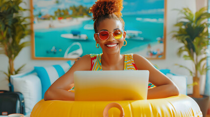 Funny happy smiling african american woman standing at the desk on workplace at office in a beach rubber ring with suitcase and booking tickets for summer vacation online via laptop