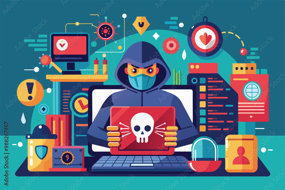 Poster a hacker, wearing a mask, operates a laptop displaying a skull icon, surrounded by various cybersecu