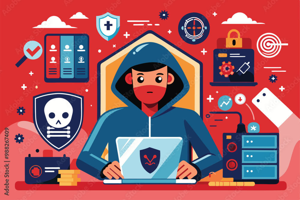 Poster a hacker in a hoodie interacts with a laptop surrounded by icons representing cybersecurity threats 