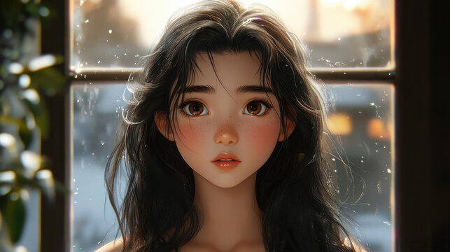 Une jeune fille brune, en mode anime, contemple le coucher de soleil depuis sa chambre, rvant doucement.