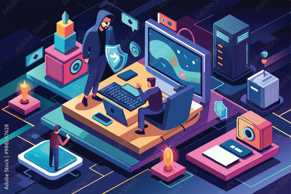 Aufkleber a digital workspace features a cyber attack simulation with characters actively engaged in hacking a