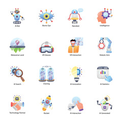 Fototapeta premium Pack of 16 Artificial Intelligence and ML Flat Icons