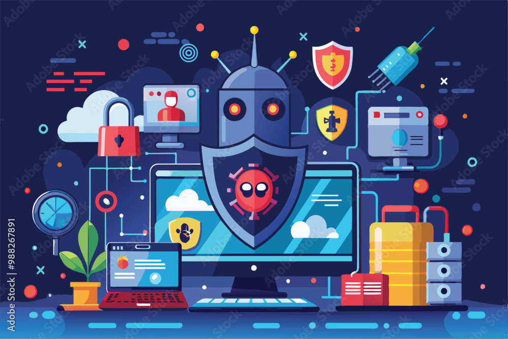Aufkleber a vibrant illustration showcasing cybersecurity elements like shields, locks, and malware detection 