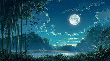 anime background of full moon with beautiful lake