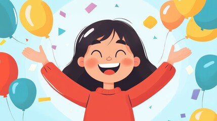 Naklejka premium A cheerful girl beams with joy, surrounded by colorful balloons against a bright background, dressed in vibrant red.