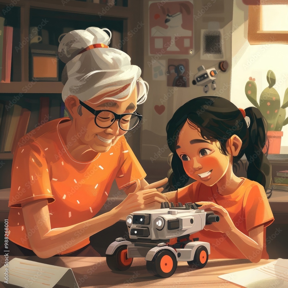 Poster grandmother supporting granddaughter in robotics, science, it technologies and programming. young gi