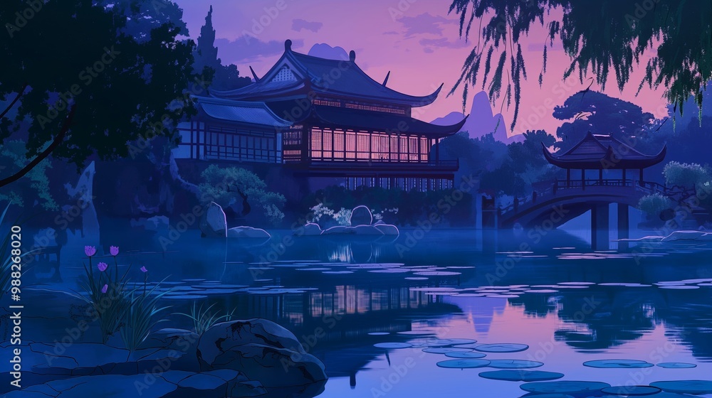 Wall mural anime background of evening sunset view with purple color