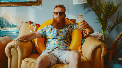 Funny redbeard Caucasian man in clothes for summer tourism with inflatable ring drinks cocktail and has good time imagining that he is on beach sits on couch in front of basin of wa