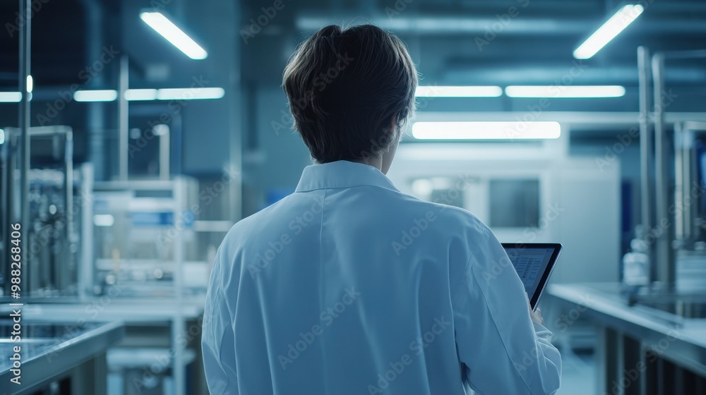 Poster scientist examining data in a high-tech laboratory