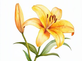 Watercolor Painting of a Yellow Lily with Green Leaves
