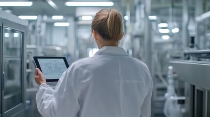 Obraz premium Woman Inspecting Industrial Equipment on Digital Tablet
