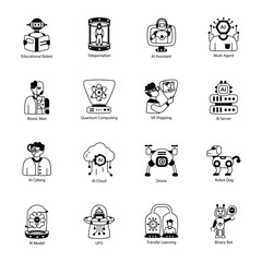 Bundle of 16 Machine Learning and AI Glyph Icons  

