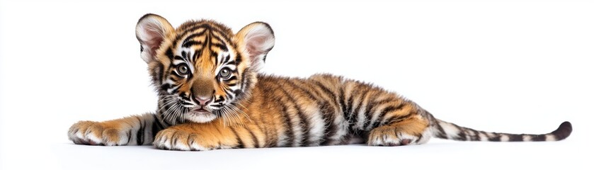Fototapeta premium A playful young tiger cub resting gracefully, showcasing its iconic stripes and vibrant fur in a serene setting.
