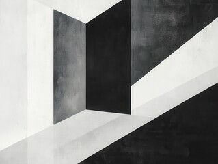 Abstract black and white geometric shapes with textured surfaces.