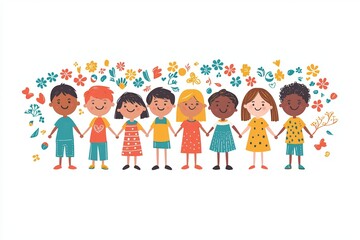 Obraz premium A vibrant illustration of diverse children holding hands, surrounded by flowers, symbolizing friendship and unity.