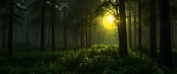 A lime green sun with forest green trees