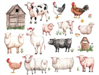Fototapeta premium Watercolor Illustration of Farm Animals and Barnyard Structures