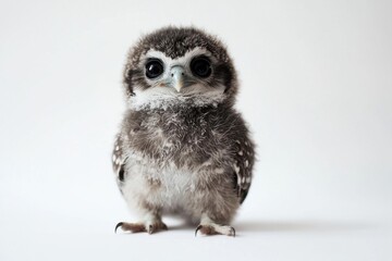Obraz premium Adorable baby owl with fluffy feathers and wide eyes, showcasing the charm of wildlife in a minimalist setting.