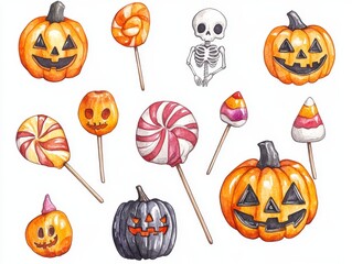 Watercolor Halloween Pumpkins, Skeletons, and Candy