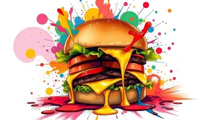 Vibrant Cheeseburger with Colorful Abstract Explosion Background