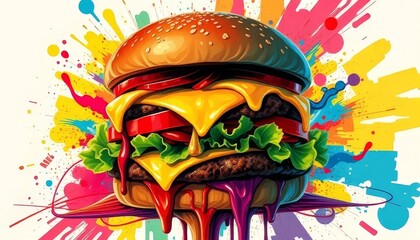 Vibrant Cheeseburger with Colorful Abstract Explosion Background