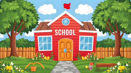 A red school building with a flag on top