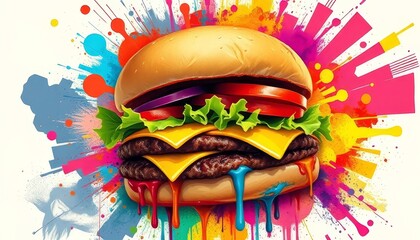 Vibrant Cheeseburger with Colorful Abstract Explosion Background