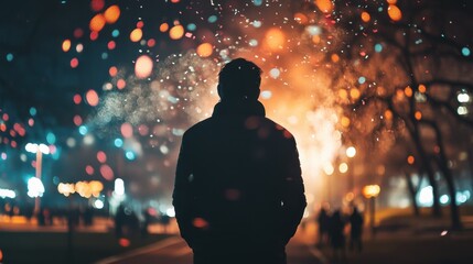 Silhouette of a Person Watching Fireworks Display at Night
