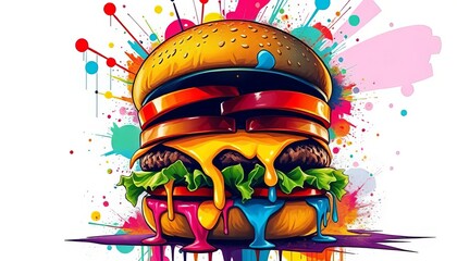 Vibrant Cheeseburger with Colorful Abstract Explosion Background