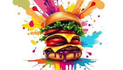 Vibrant Cheeseburger with Colorful Abstract Explosion Background