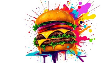 Vibrant Cheeseburger with Colorful Abstract Explosion Background