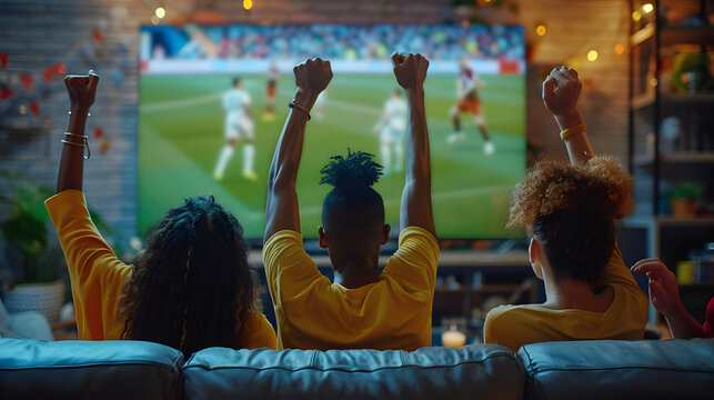 Group of happy diverse friends watching soccer on TV. Young multiracial people sitting on sofa, looking at television screen, watching football, drinking beer, raising hands up and