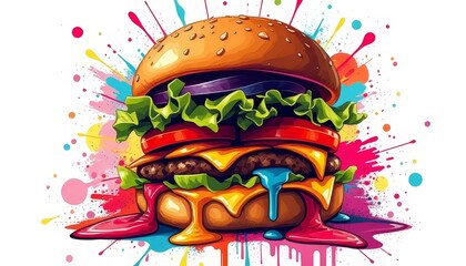 Vibrant Cheeseburger with Colorful Abstract Explosion Background