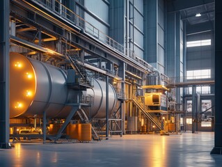 Industrial Interior with Large Cylindrical Vessel and Metal Catwalk